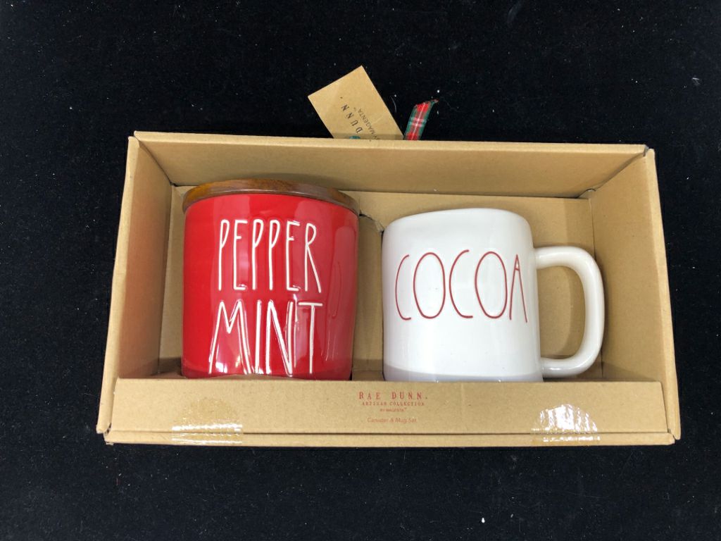 NIB PEPPERMINT CANISTER/ COCOA MUG SET.