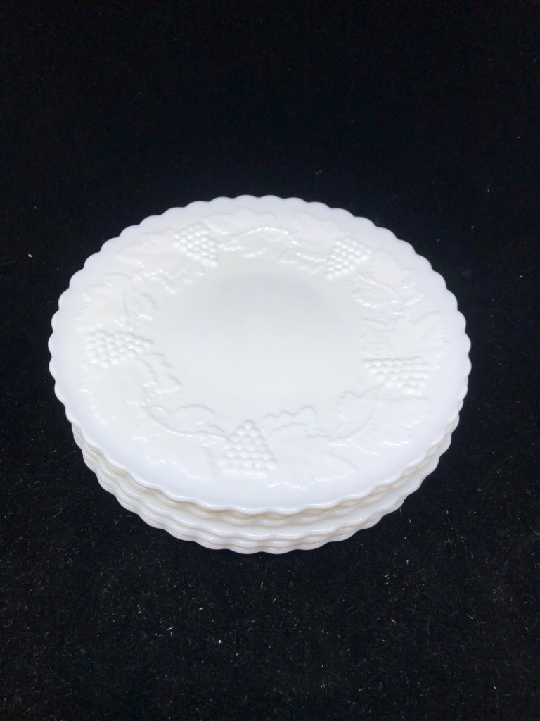 6 VTG MILK GLASS GRAPE EMBOSSED DESSERT PLATES.