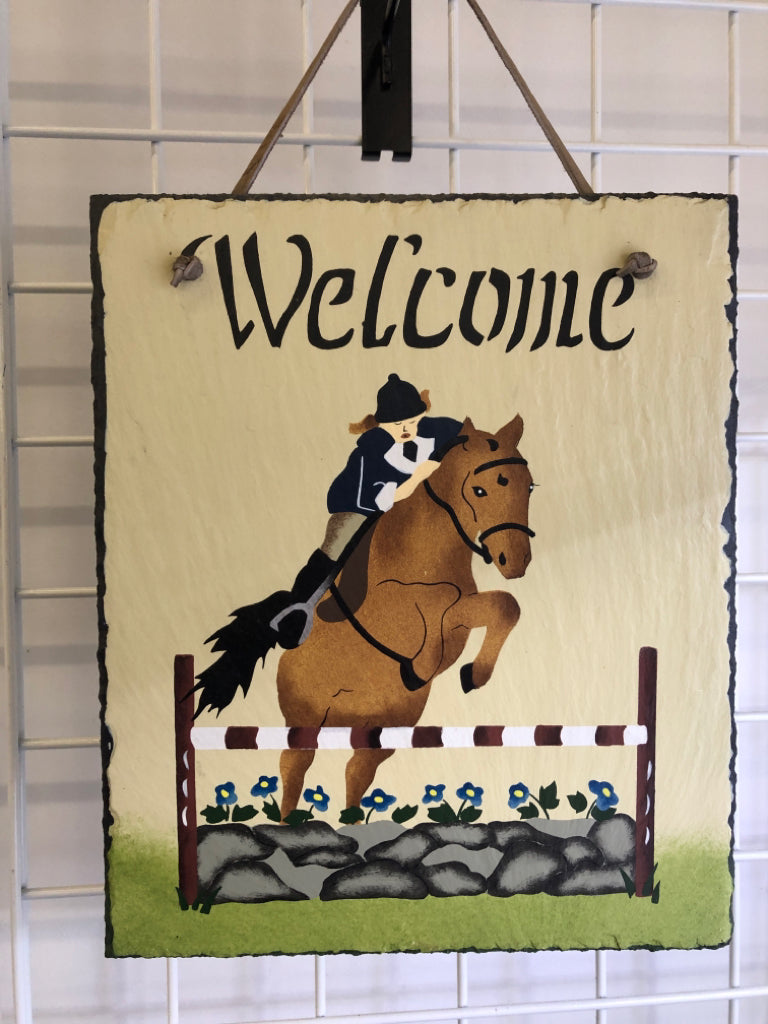 WELCOME SLATE W/ HORSE RIDER WALL HANGING.