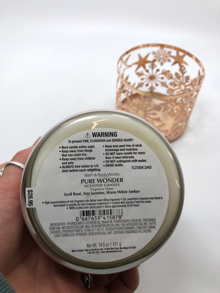 PURE WONDER CANDLE W/ SNOWFLAKE METAL STAND.