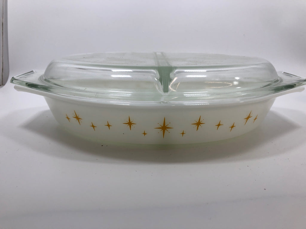 VTG DIVIDED CASSEROLE DISH PYREX CONSTELLATION ATOMIC STARBURST W/LID.