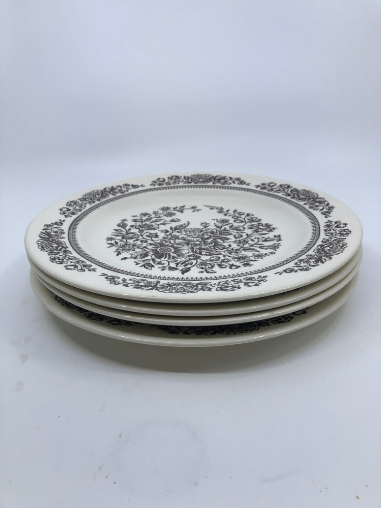 4 VTG CAVALIER BROWN AND CREAM FLORAL IRONSTONE DINNER PLATES.