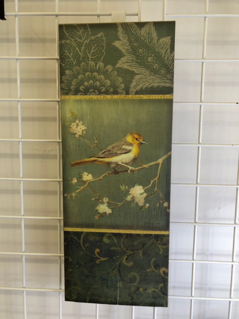 YELLOW CANARY ON BRANCH SAGE GREEN CANVAS WALL ART.