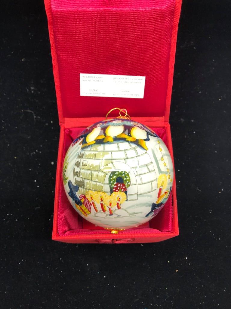 MERRY AND BRIGHT SPHERE ORNAMENT IN RED BOX.