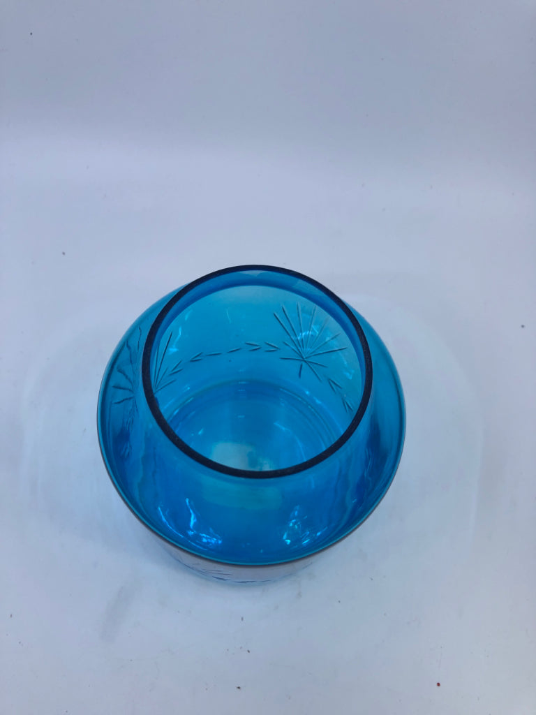 BLUE ETCHED GLASS CANISTER W METAL LID.