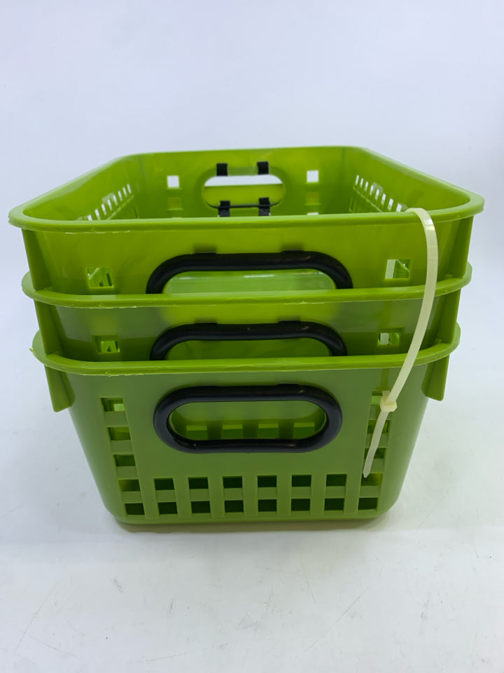 3 GREEN PLASTIC BINS.