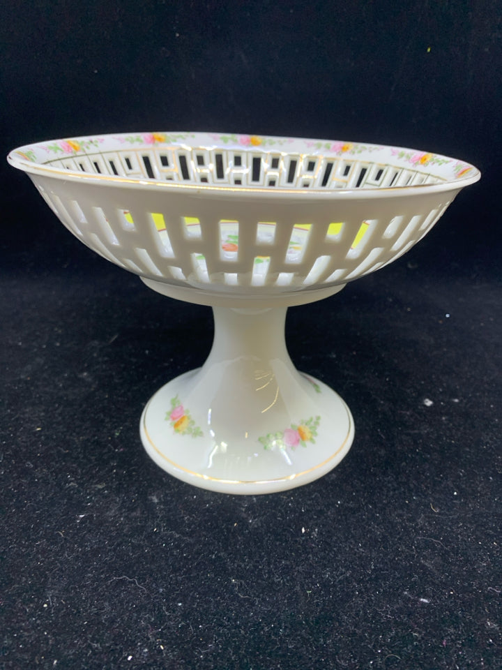 ASIAN STYLE LACE FOOTED BOWL W ORANGE AND YELLOW FLORAL- JAPAN.