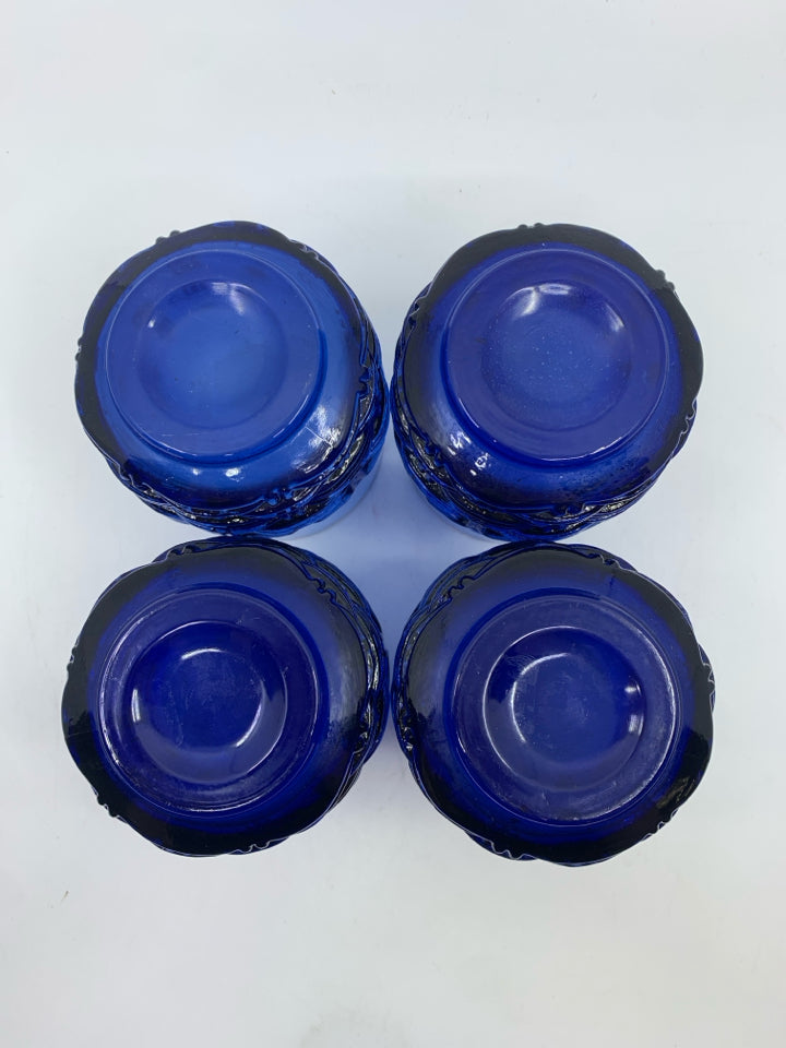 4 COBALT BLUE BASKETWEAVE BOTTOM WATER GLASSES.