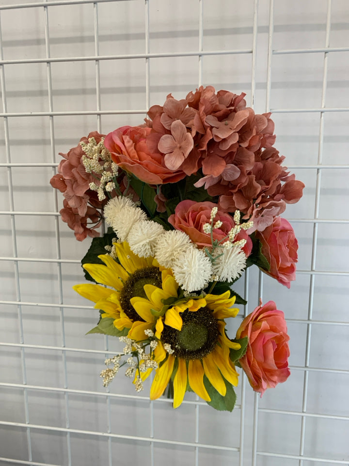 FAUX PINK HYDRANGEA AND SUNFLOWER BOUQUET.