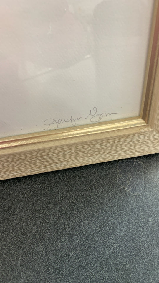 WATERCOLOR FLOWERS IN WOOD GRAIN FRAME.
