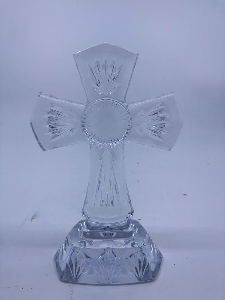 GLASS CROSS ON STAND W/ ETCHED LINES.