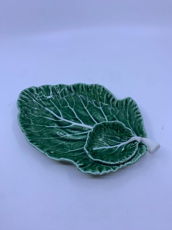 VTG GREEN FOOTED TEXTURED LEAF PLATE W DIP BOWL.