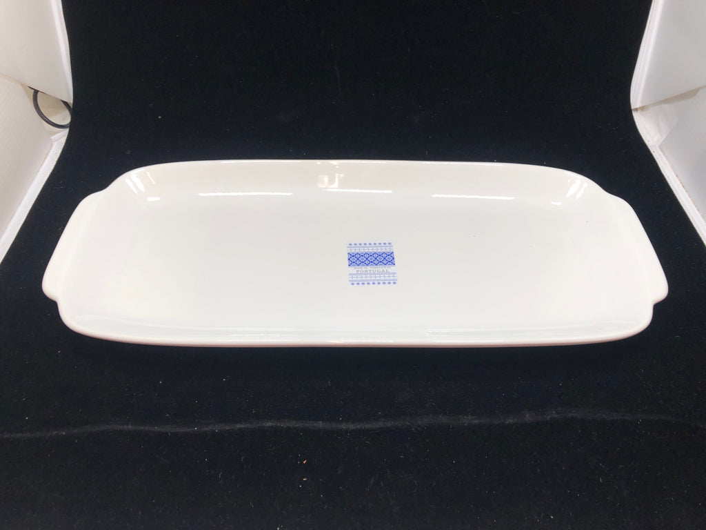 WHITE SERVING TRAY W/HANDLES MADE IN PORTUGAL.
