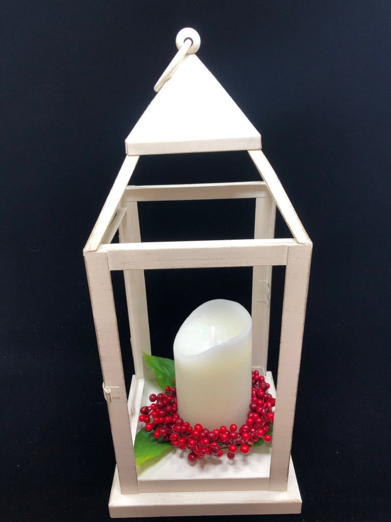 WHITE METAL LED CANDLE LANTERN W/RED BERRIES.