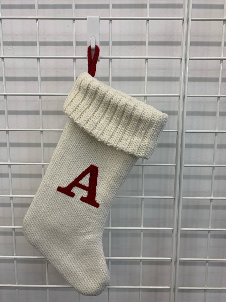 WHITE KNIT STOCKING W/ RED MONOGRAM A.