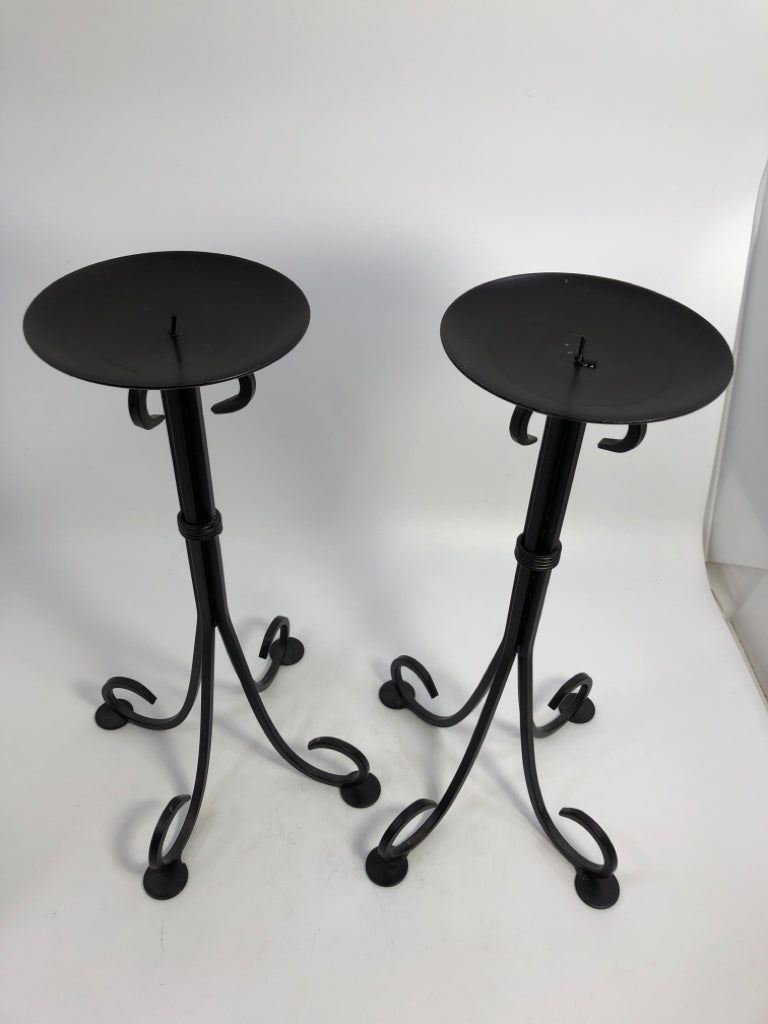 2 METAL SCROLL BASE PILLAR CANDLE HOLDERS.