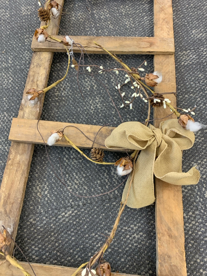PRIMITIVE LADDER DECOR W/PIP BERRIES AND PINECONES.