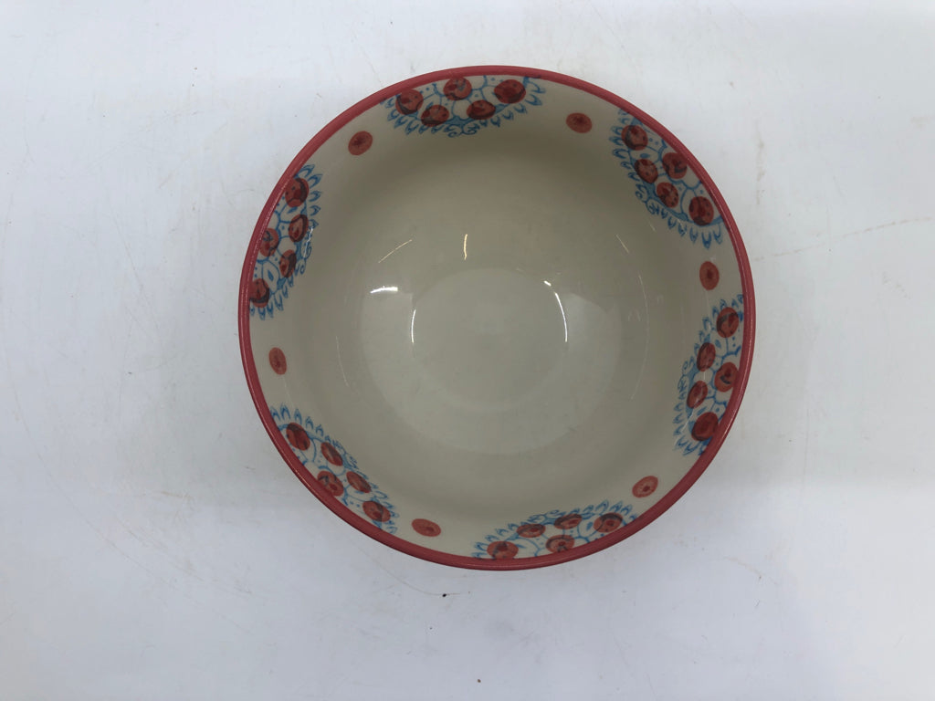 CERAMIC BOWL RED DOTS/BLUE LACE PATTERN.
