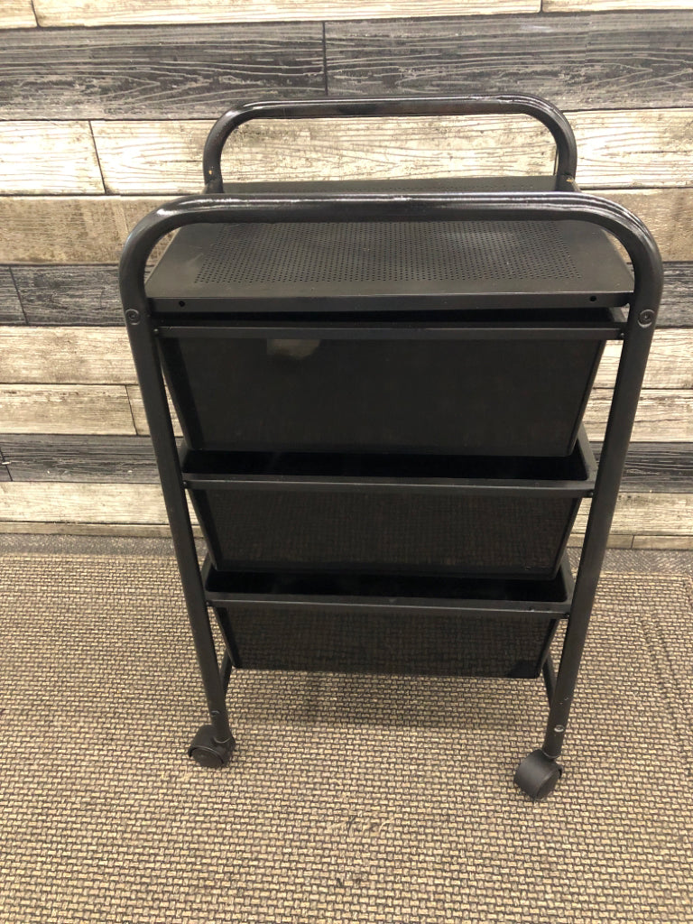 BLACK 3 DRAWER PLASTIC STORAGE ON WHEELS.