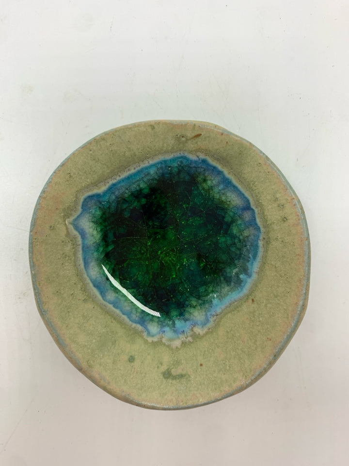 FUSED GREEN GLASS STONEWARE POTTERY DISH.