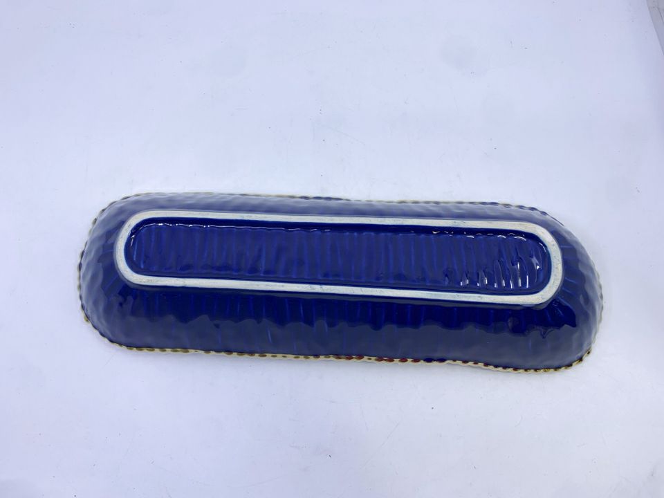 OBLONG CENTERPIECE DISH COBALT BLUE W/ THICK GOLD RIM.