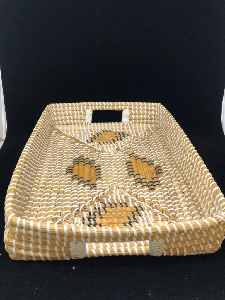SHALLOW WOVEN BASKET W/WHITE BRAIDING.
