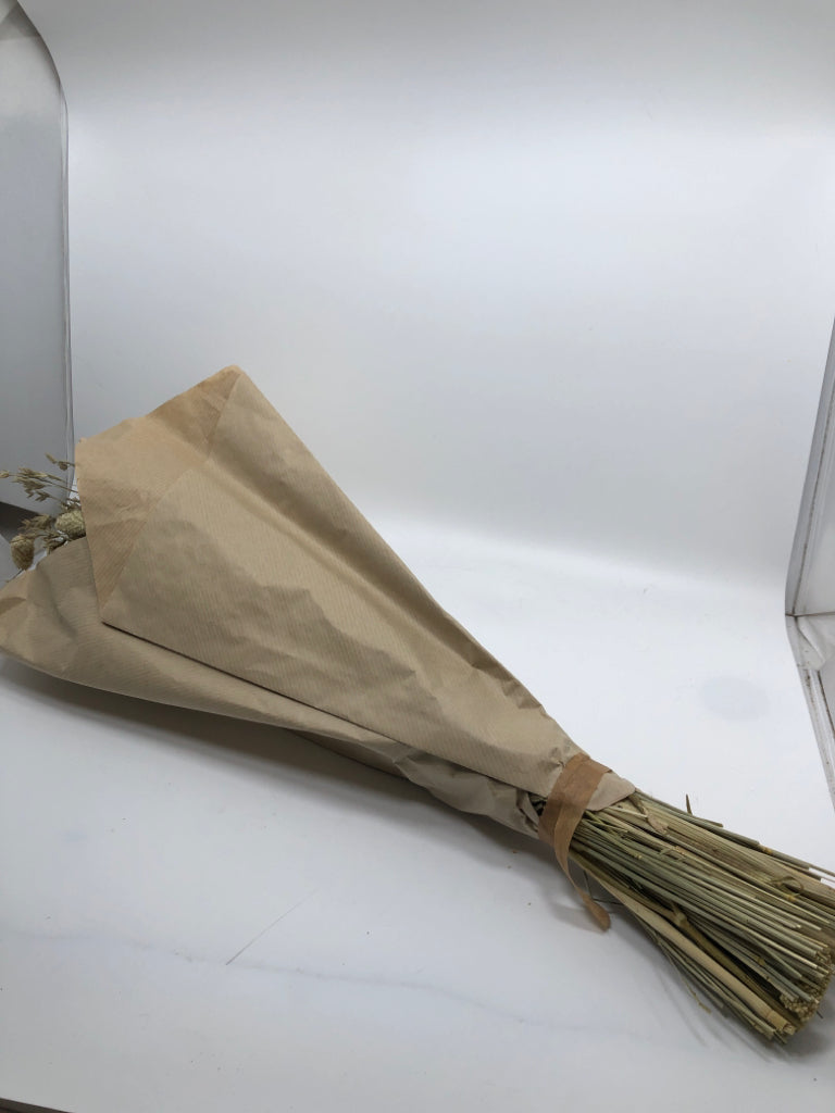 FAUX TAN WILDFLOWER BOUQUET WRAPPED IN PAPER.
