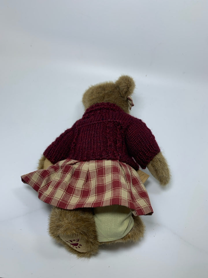 BOYDS BEAR W/ RED PLAID DRESS W/ MAROON SWEATER.