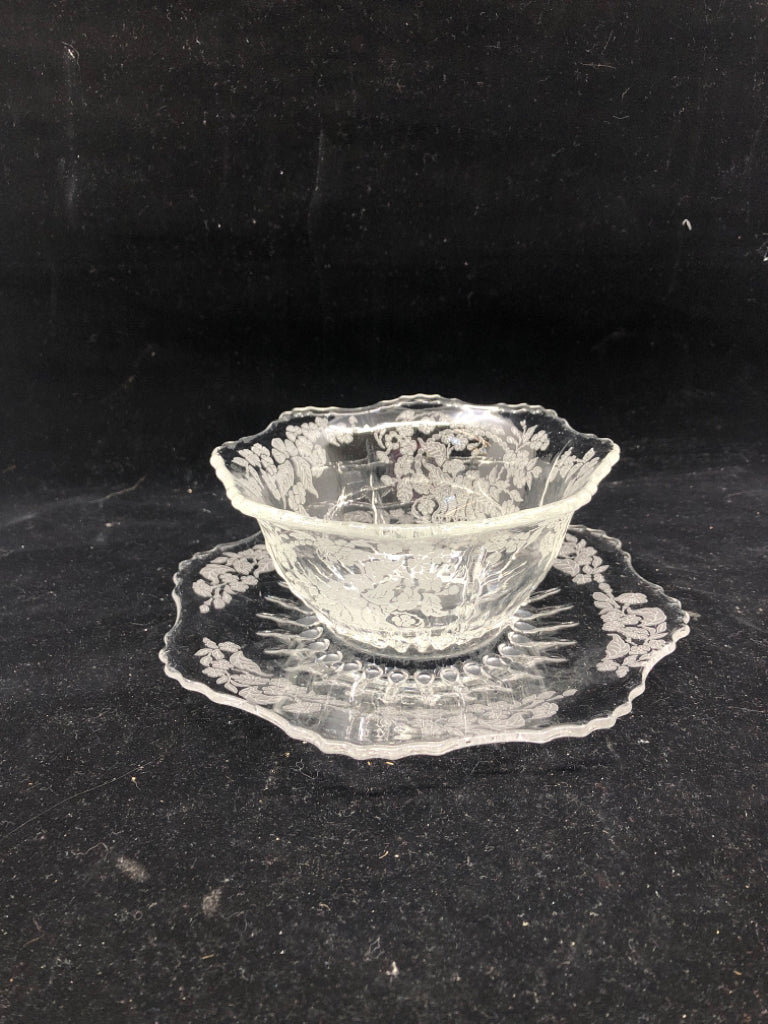 VTG FLORAL ETCHED BOWL AND PLATE SET.