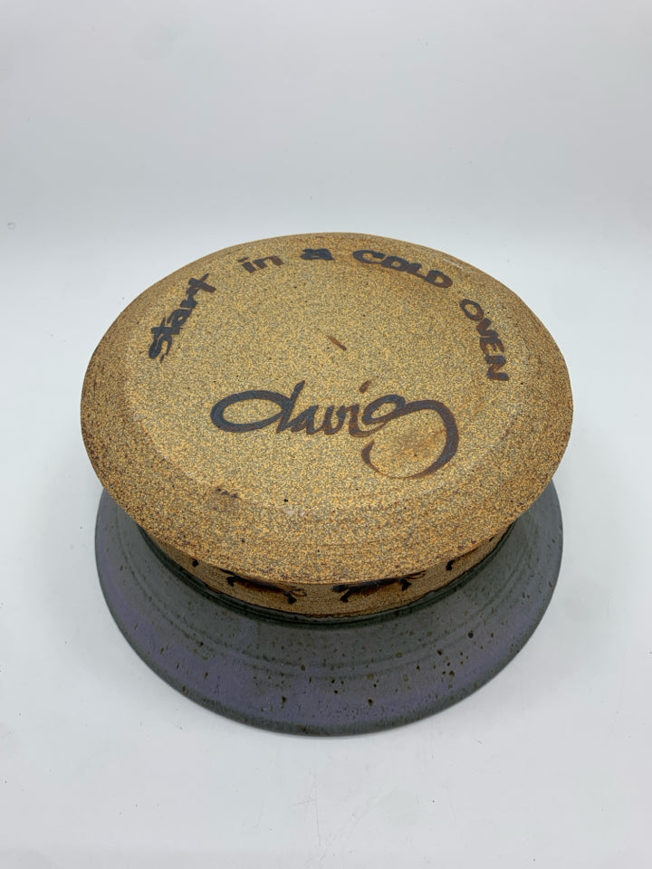 BLUE SPECKLED POTTERY BOWL W/STAMPED CRAB DESIGNS.