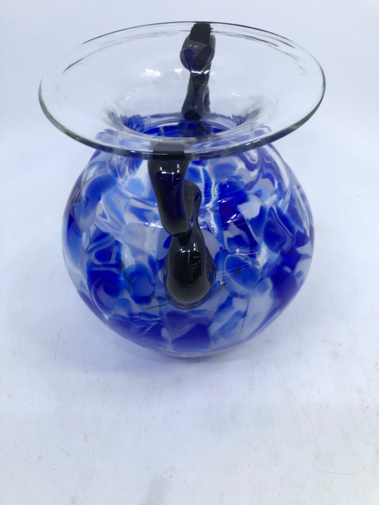 BLOWN GLASS BLUE/WHITE DOTTED VASE W/ HANDLES.