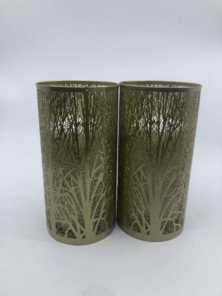 2 GOLD TREE PATTERN PILLAR CANDLE HOLDER.