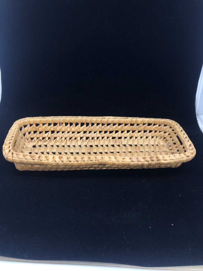 RECTANGULAR HAND WOVEN OPEN WEAVE BASKET.