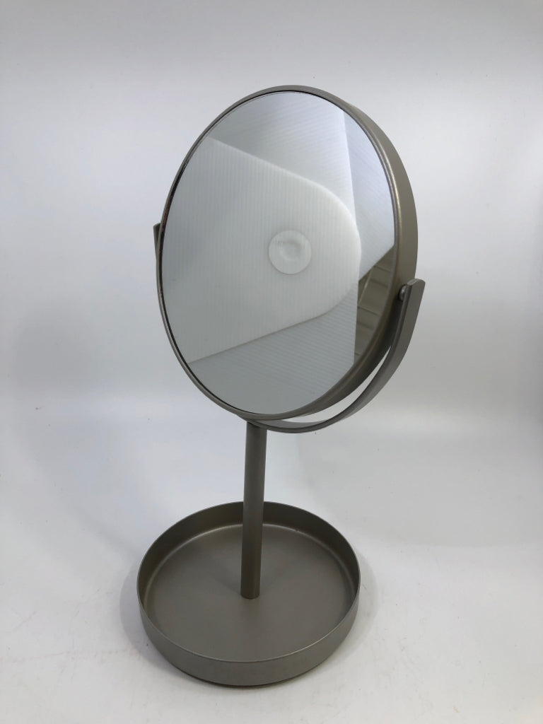 SILVER METAL MIRROR W/ DISH ON BOTTOM.