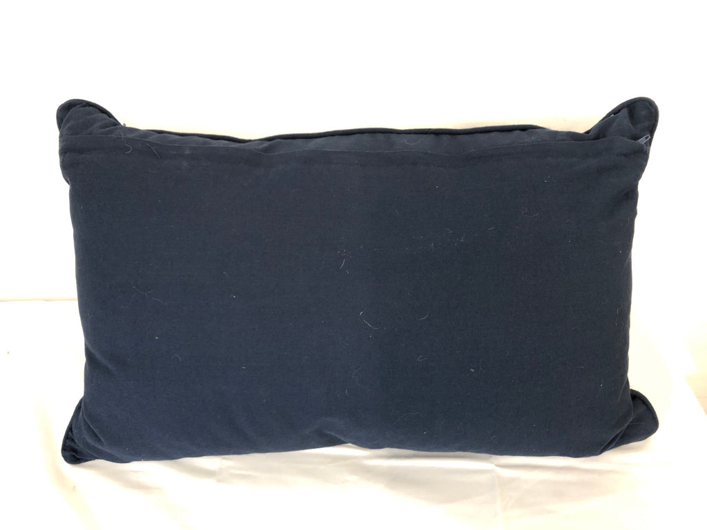 RECTANGLE PILLOW W/ BLUE FLORAL DESIGN- WHITE BACKGROUND EMBOSSED STITCHING.