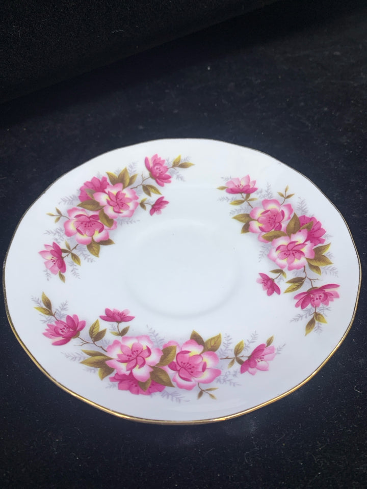 VTG PINK FLORAL W GOLD RIM TEACUP AND SAUCER.
