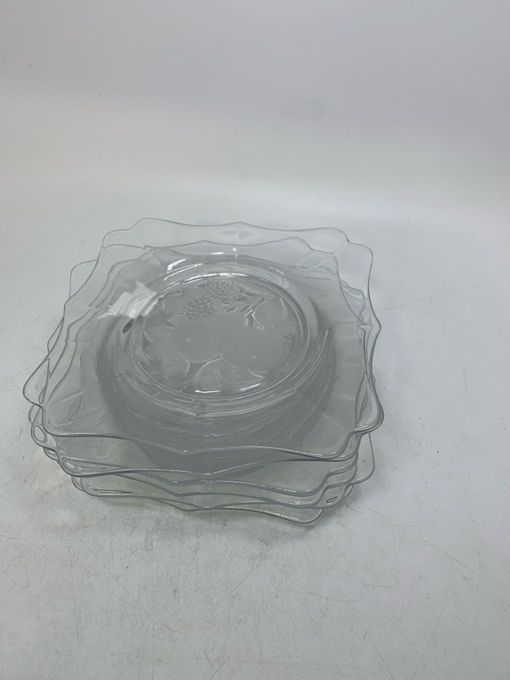 6 GLASS SQUARE SALAD PLATES W/ FROSTED ASSORTED FRUIT.