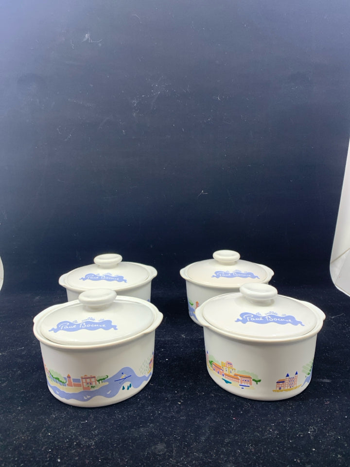 4 PAUL BOCUSE COVERED SOUP CROCK BOWLS W/ CITY SCENE.