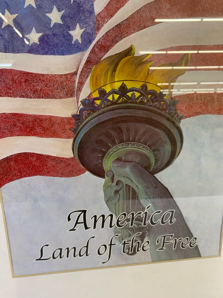 AMERICA LAND OF THE FREE WALL ART IN BLACK FRAME.