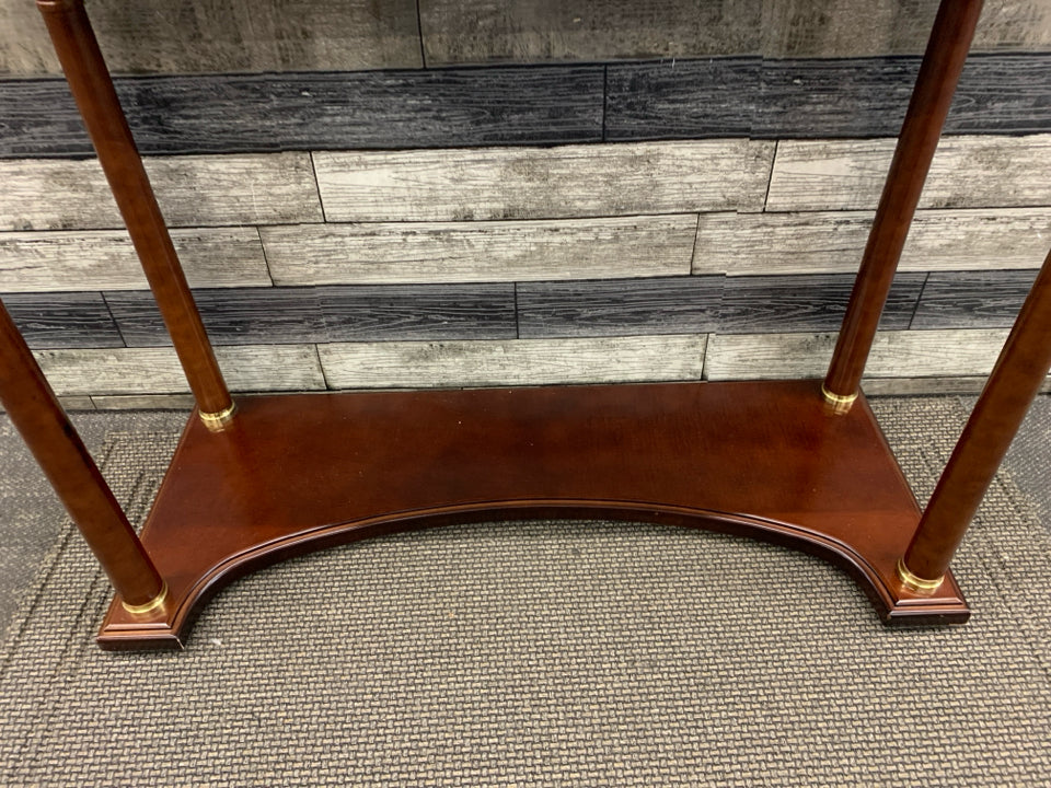 VTG DARK WOOD BOTTOM, DARK GREEN+BLACK MARBLE TOP CONSOLE TABLE.