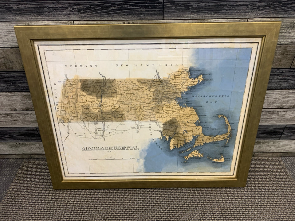 MASSACHUSETTS MAP IN GOLD FRAME.