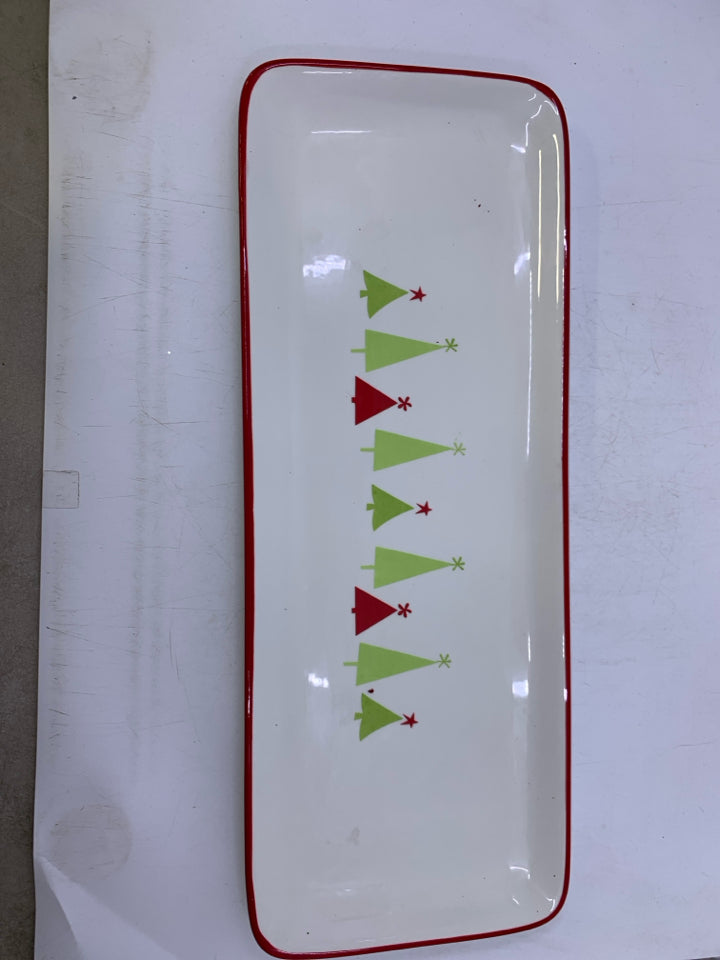CERAMIC RECTANGLE PIER 1 WHITE RED RIM/CHRISTMAS TREES TRAY.