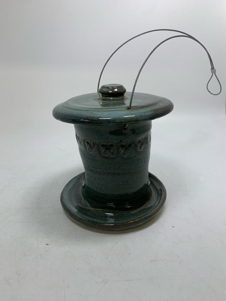 TEAL POTTERY HANGING BIRD FEEDER.