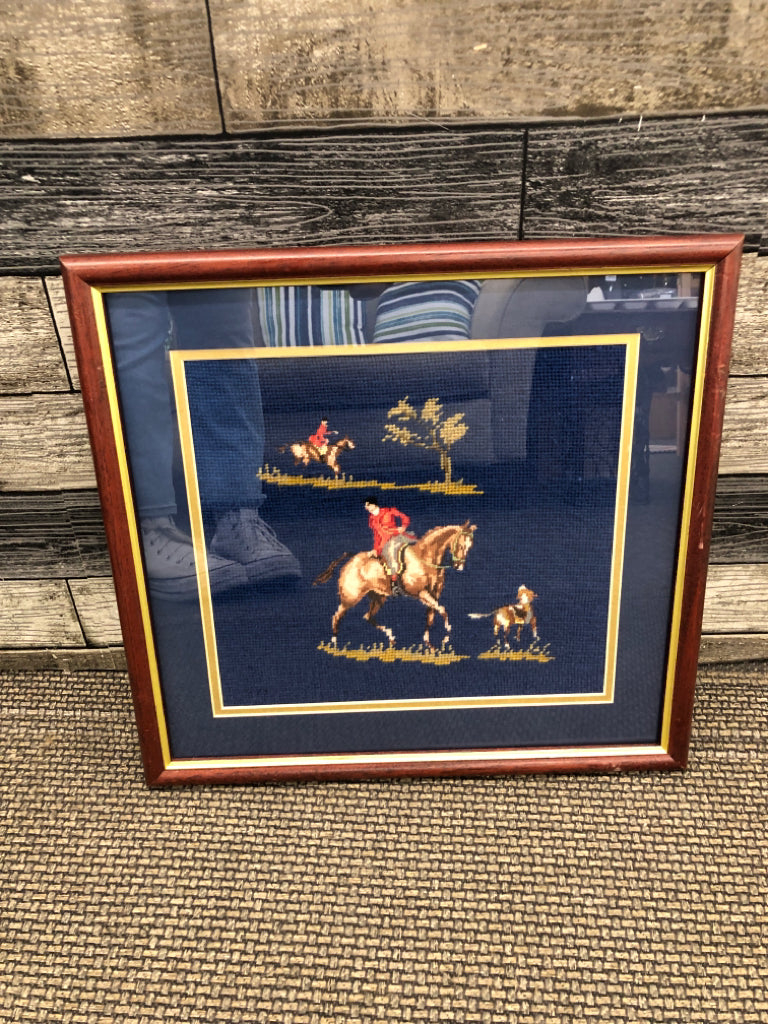 FRAMED NEEDLEPOINT JOCKEY PICTURE IN WOOD FRAME.