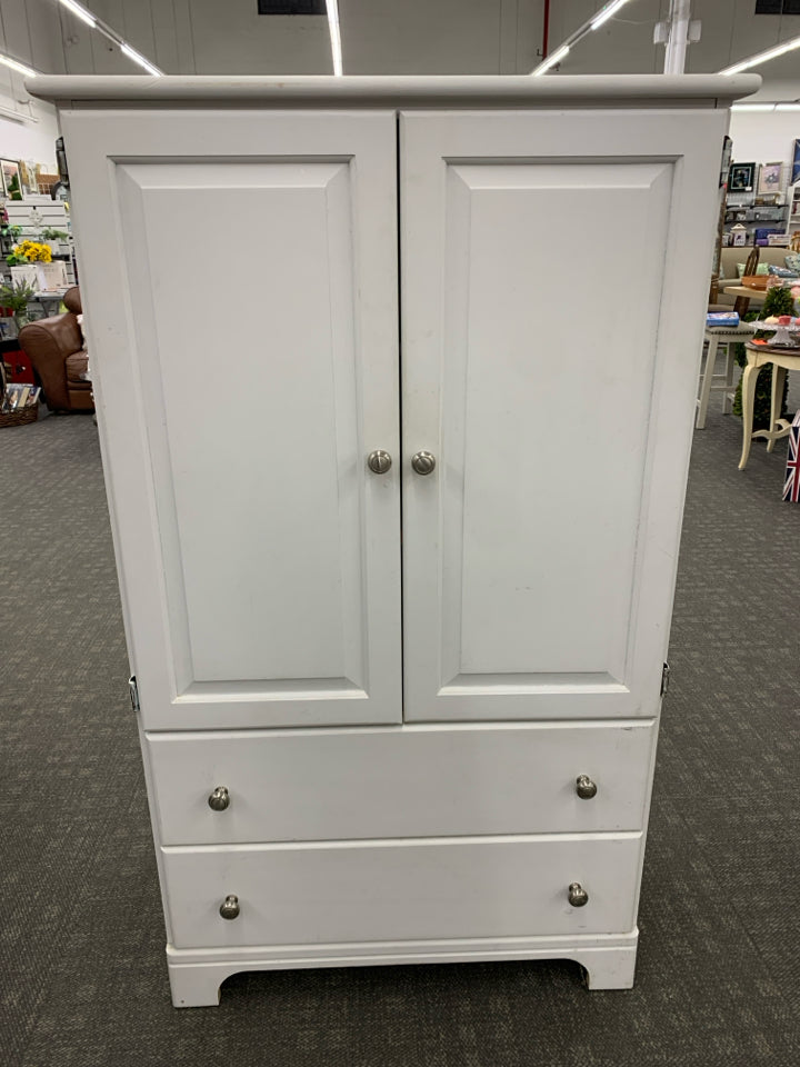 WHITE PAINTED WOOD DRESSER CABINET W/ SHELVES + 2 BOTTOM DRAWERS.