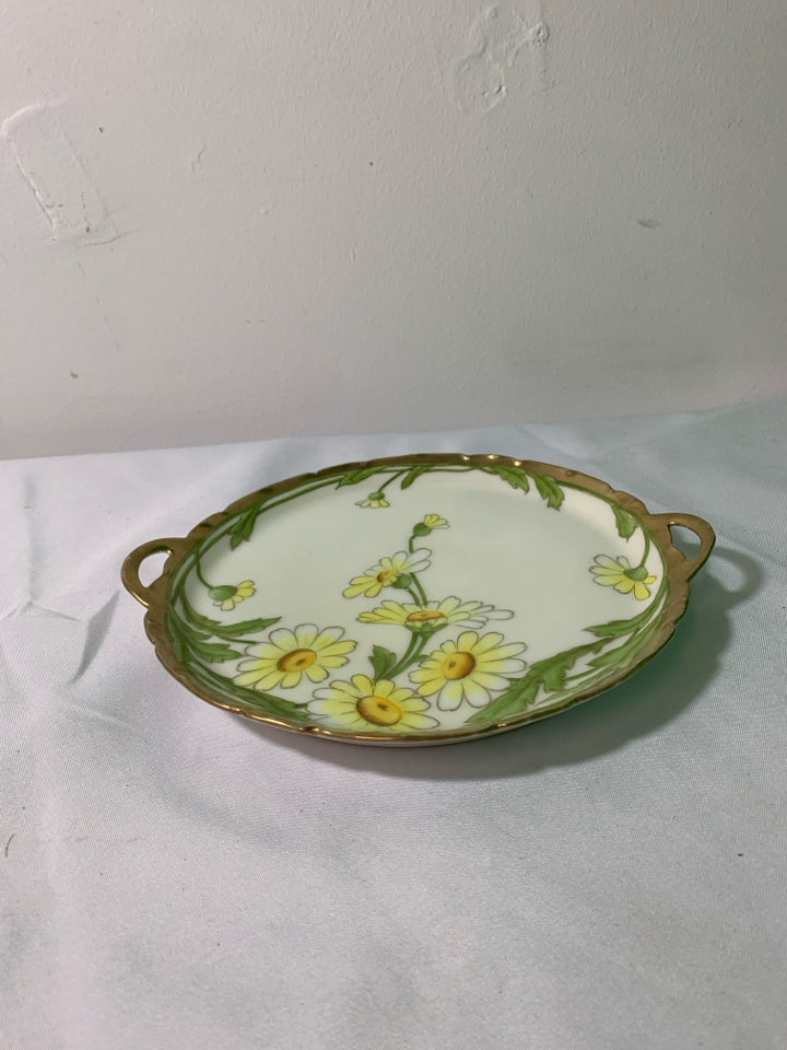 VTG YELLOW FLORAL W GOLD ACCENTS PLATE W HANDLES.