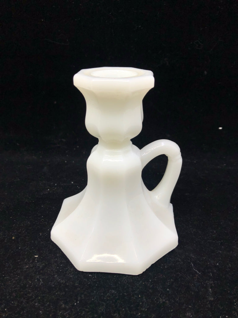 MILK GLASS TAPER CANDLE HOLDER W HANDLE.