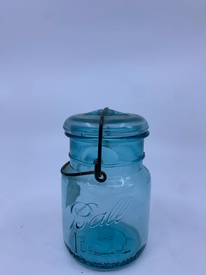 VTG BLUE BALL JAR W/ WIRE BAIL LID.