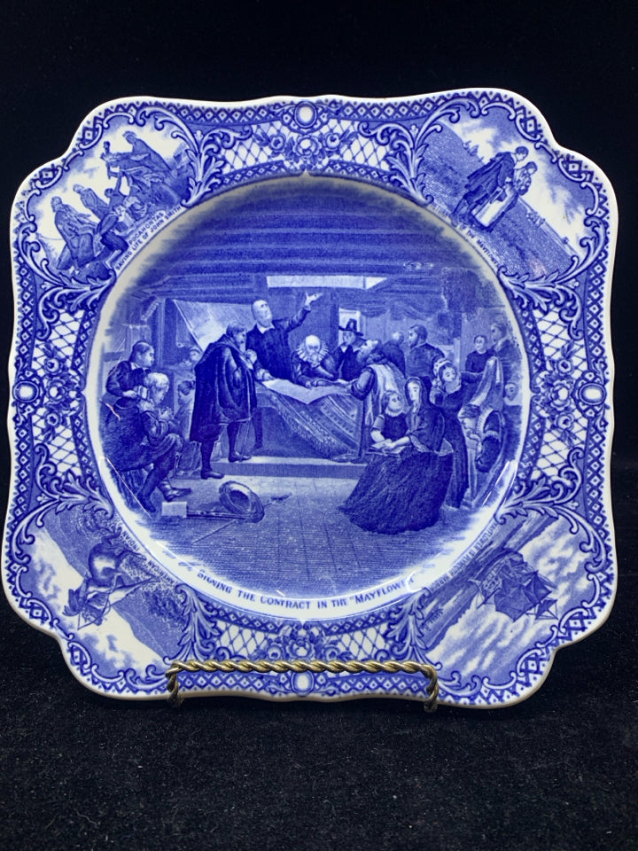 VTG BLUE AND WHITE COLONIAL TIMES COURTHOUSE PLATE.