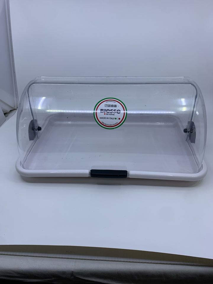 CLEAR PLASTIC BREAD BOX W WHITE BOTTOM.
